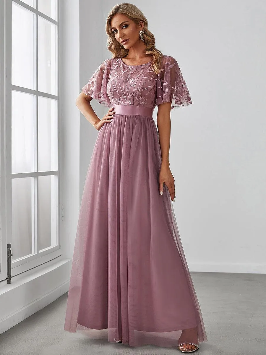 Taille personnalisée Robes de soirée brodées à manches courtes pour femmes
