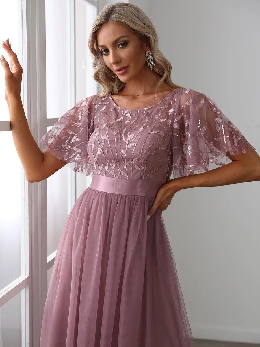 Taille personnalisée Robes de soirée brodées à manches courtes pour femmes