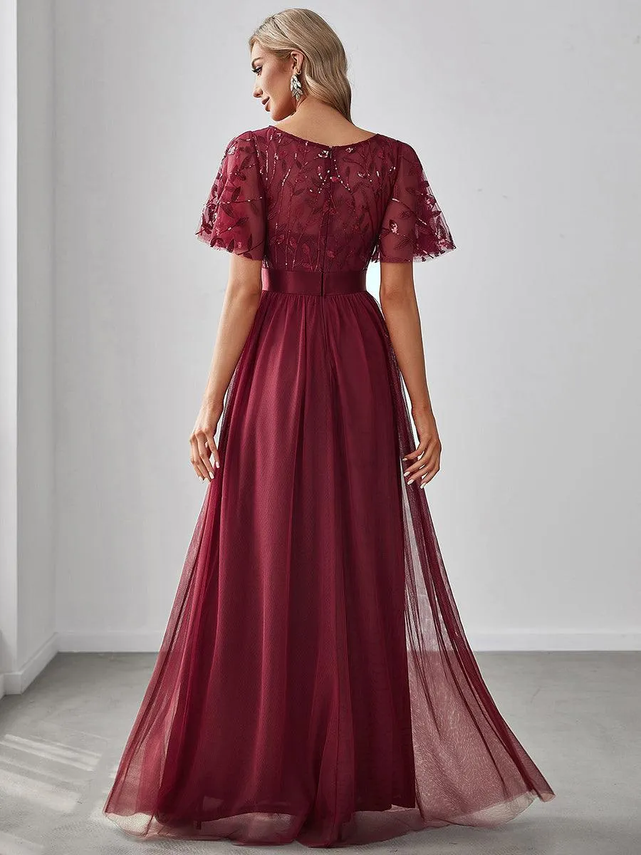 Taille personnalisée Robes de soirée brodées à manches courtes pour femmes