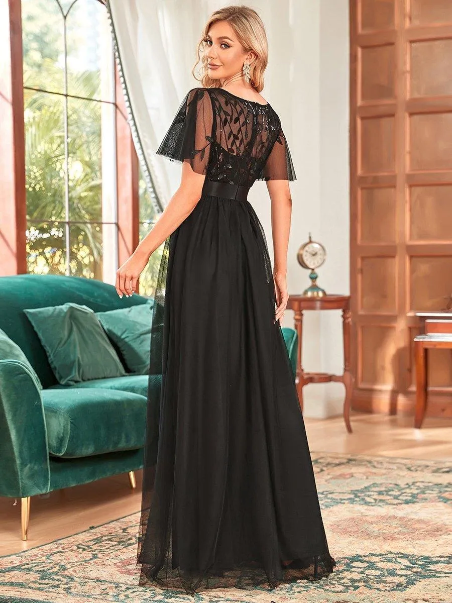 Taille personnalisée Robes de soirée brodées à manches courtes pour femmes