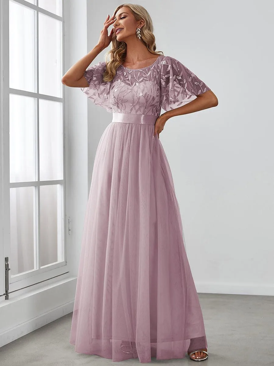 Taille personnalisée Robes de soirée brodées à manches courtes pour femmes