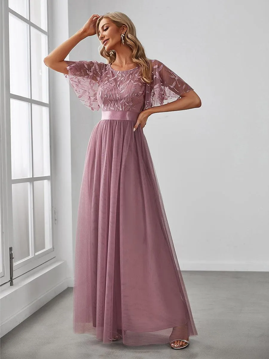 Taille personnalisée Robes de soirée brodées à manches courtes pour femmes