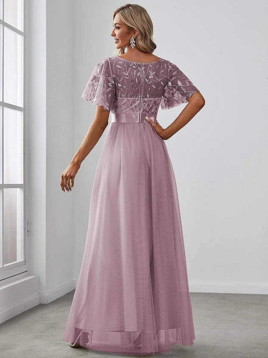 Taille personnalisée Robes de soirée brodées à manches courtes pour femmes