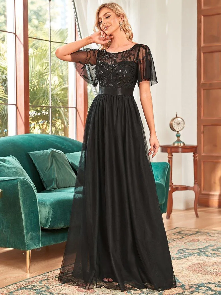 Taille personnalisée Robes de soirée brodées à manches courtes pour femmes