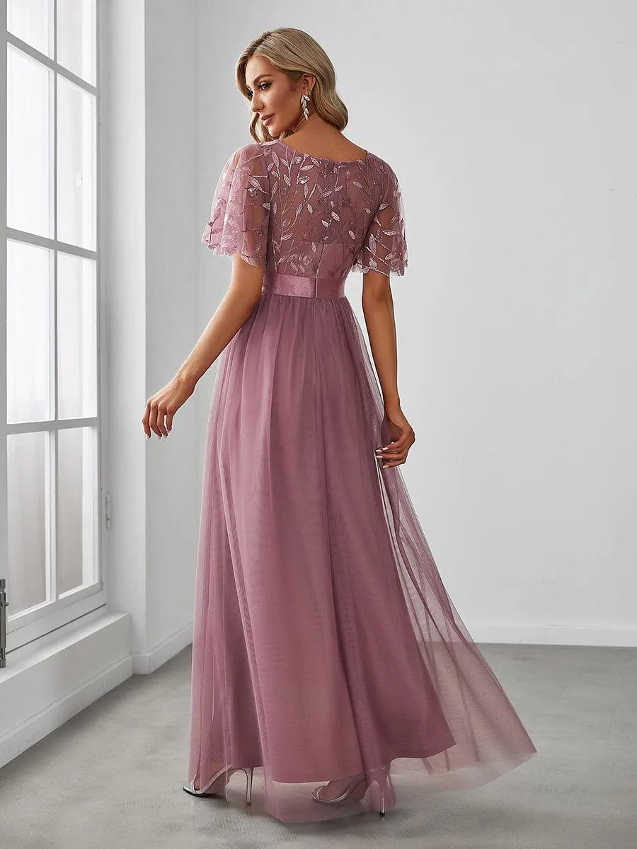 Taille personnalisée Robes de soirée brodées à manches courtes pour femmes