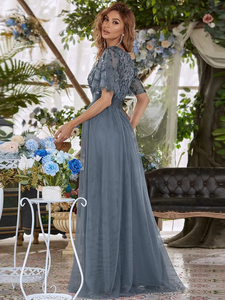 Taille personnalisée Robes de soirée brodées à manches courtes pour femmes