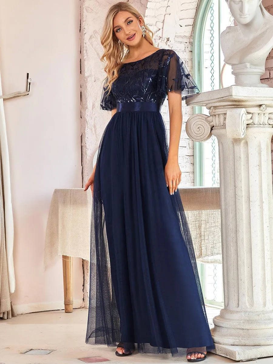 Taille personnalisée Robes de soirée brodées à manches courtes pour femmes