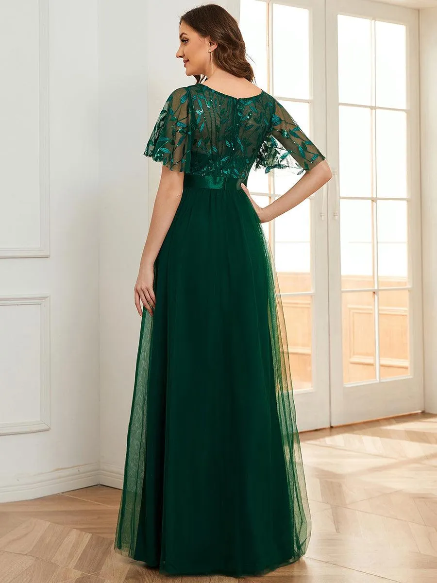 Taille personnalisée Robes de soirée brodées à manches courtes pour femmes