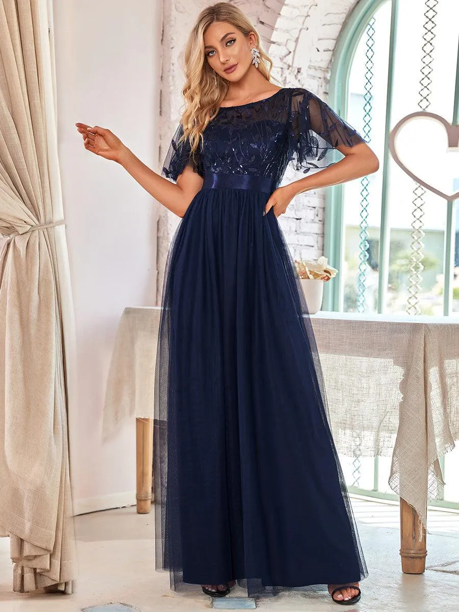 Taille personnalisée Robes de soirée brodées à manches courtes pour femmes