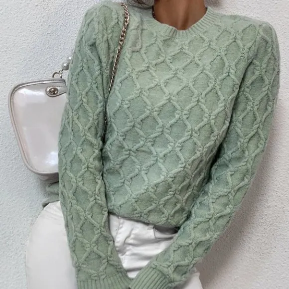 textured pattern sweater trending fall winter chic casual misty green