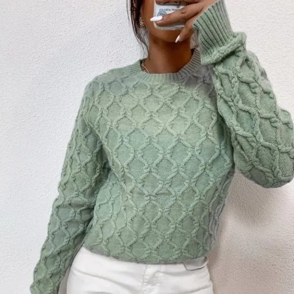 textured pattern sweater trending fall winter chic casual misty green