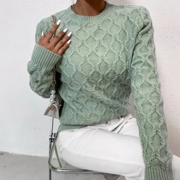 textured pattern sweater trending fall winter chic casual misty green