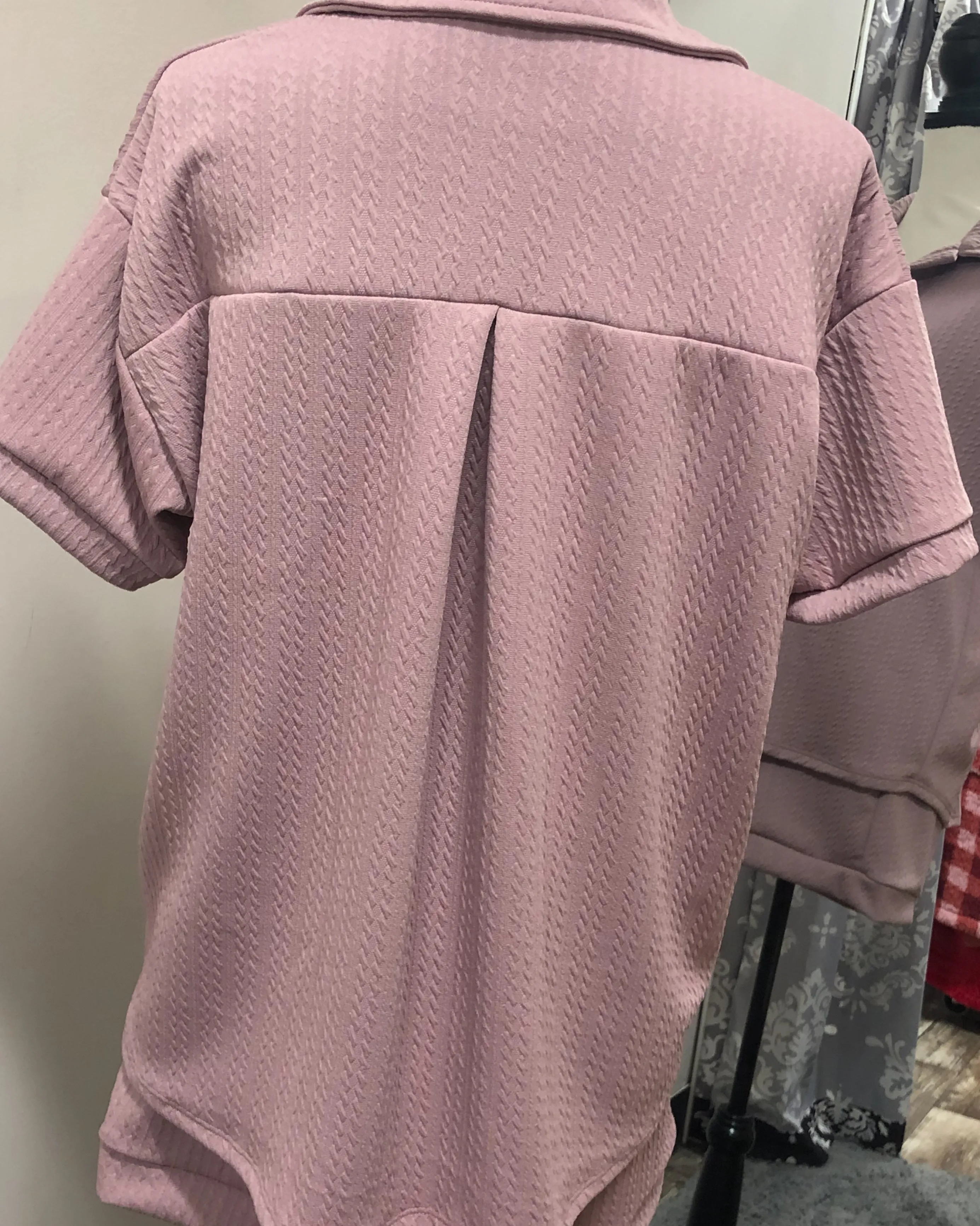 Textured Short Sleeved Collared Lounge Top - Mauve