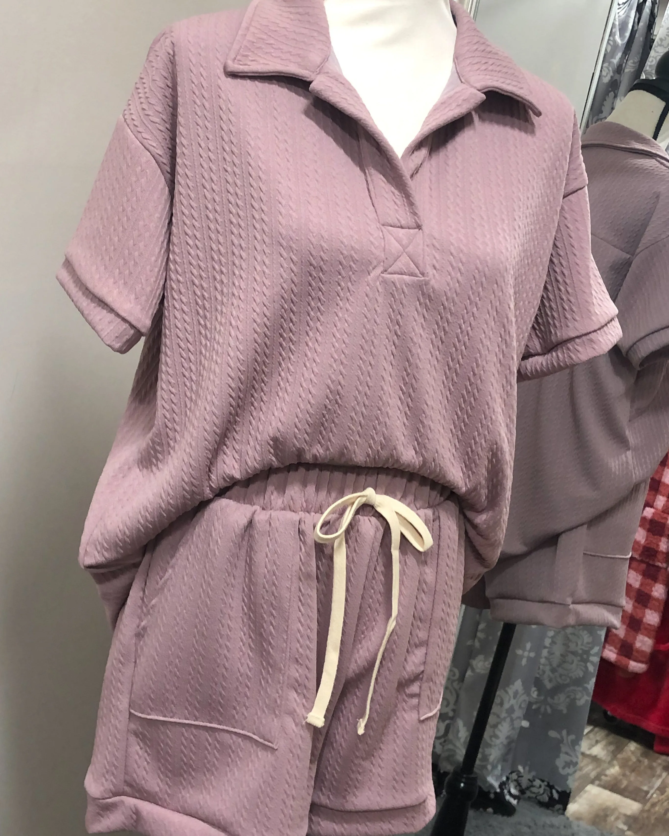 Textured Short Sleeved Collared Lounge Top - Mauve