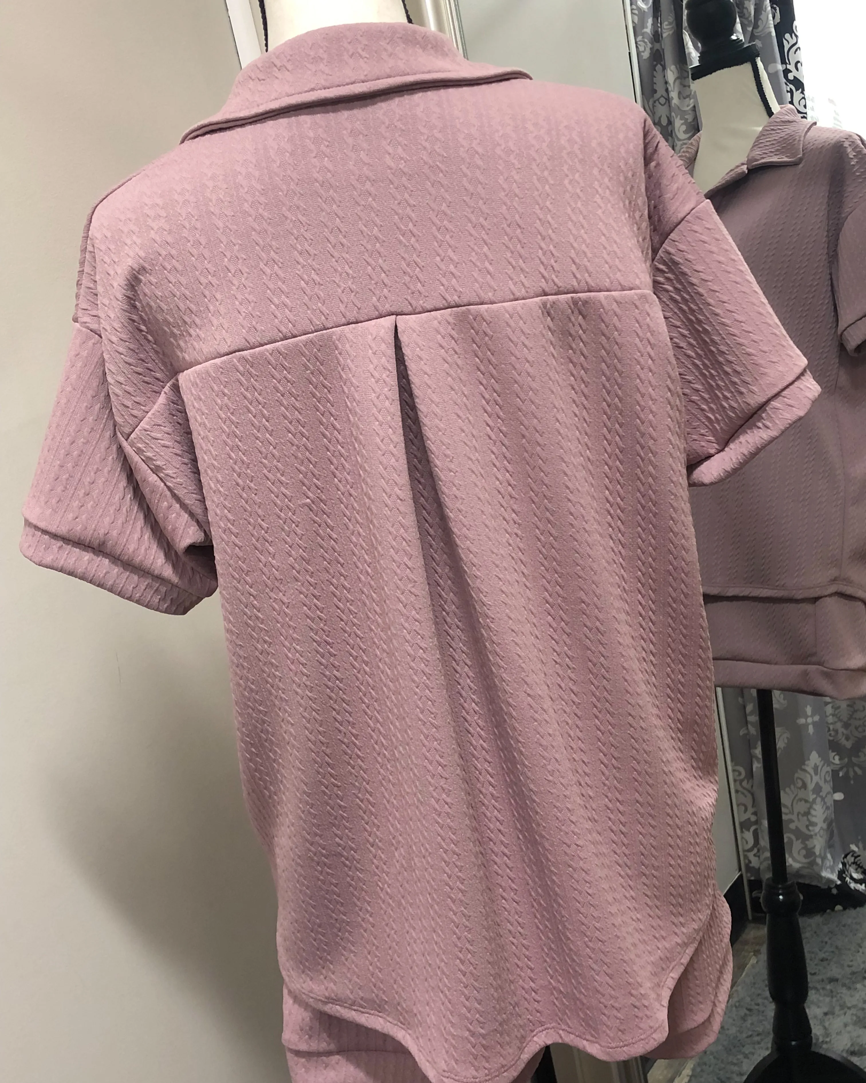 Textured Short Sleeved Collared Lounge Top - Mauve