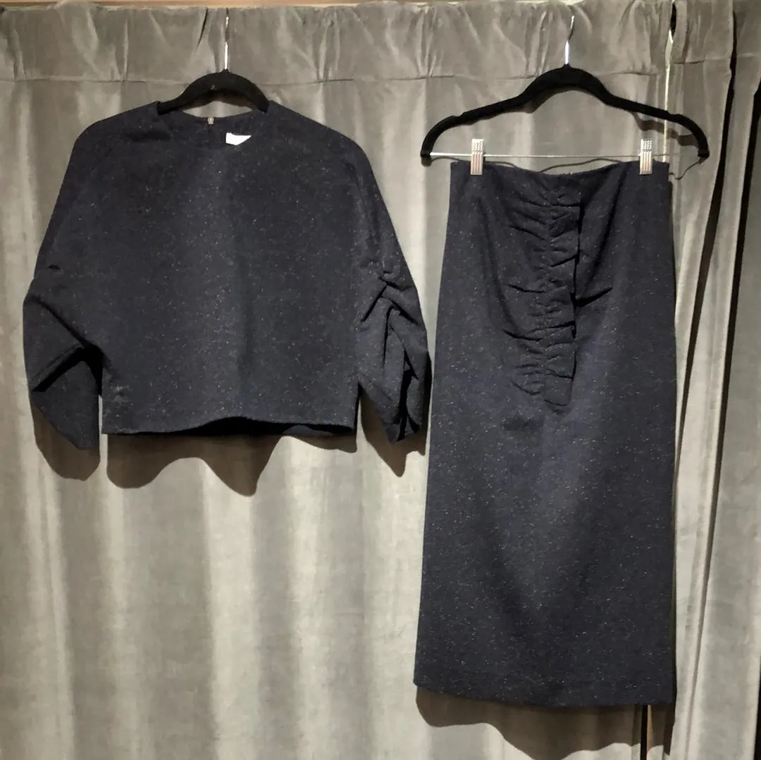 Tibi grey and Multicolor Long sleeve skirt and ruffle straight midi skirt set