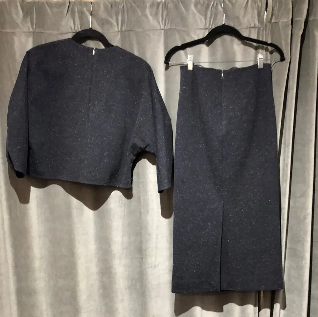 Tibi grey and Multicolor Long sleeve skirt and ruffle straight midi skirt set