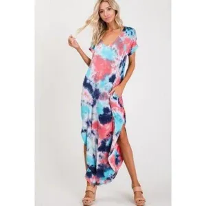 Tie-dye print round bottom cut and side slit maxi dress.