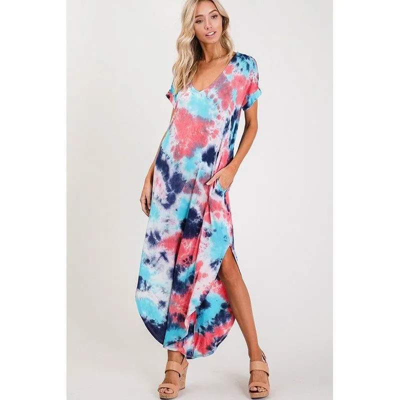 Tie-dye print round bottom cut and side slit maxi dress.