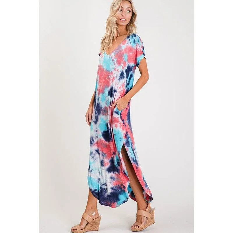 Tie-dye print round bottom cut and side slit maxi dress.