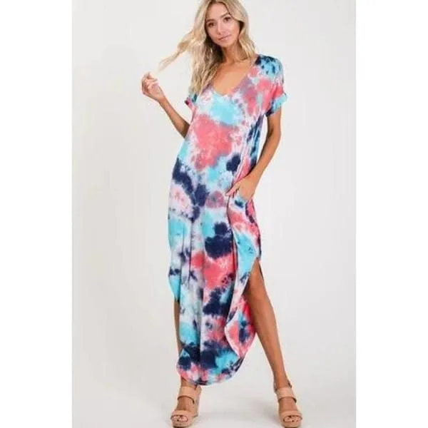 Tie-dye print round bottom cut and side slit maxi dress.