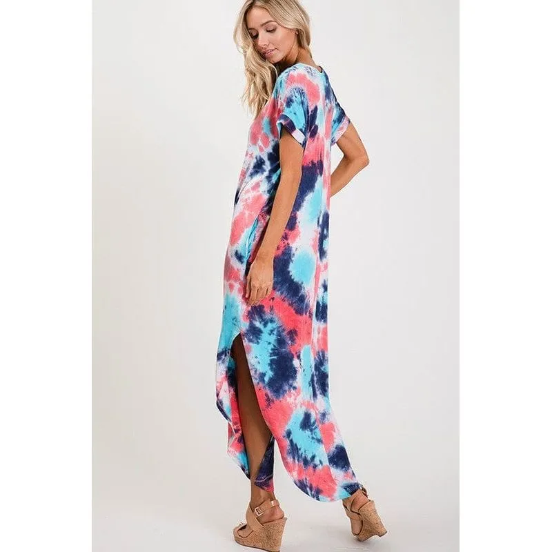 Tie-dye print round bottom cut and side slit maxi dress.
