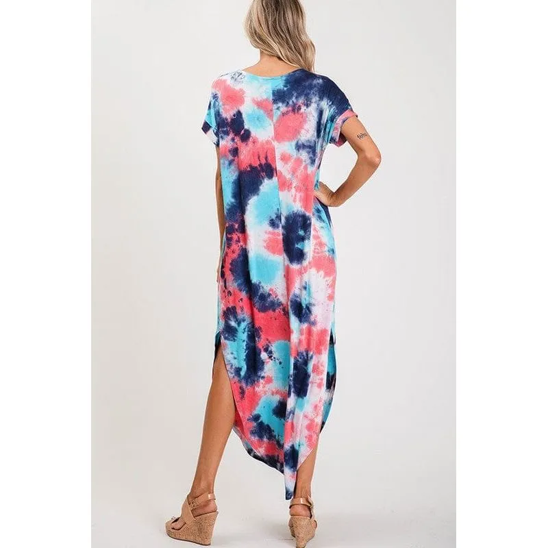 Tie-dye print round bottom cut and side slit maxi dress.