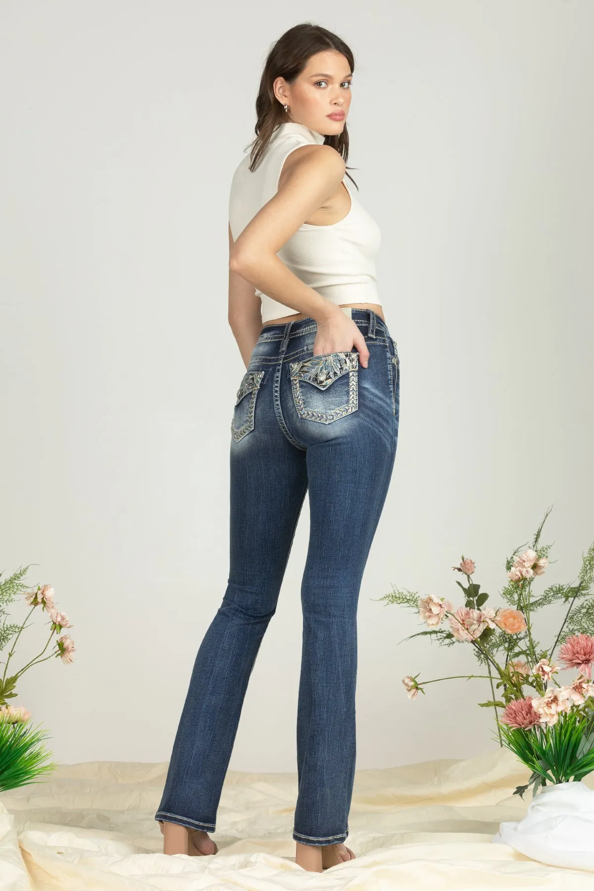 Turquoise Blue Feathers Bootcut Denim