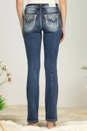 Turquoise Blue Feathers Bootcut Denim