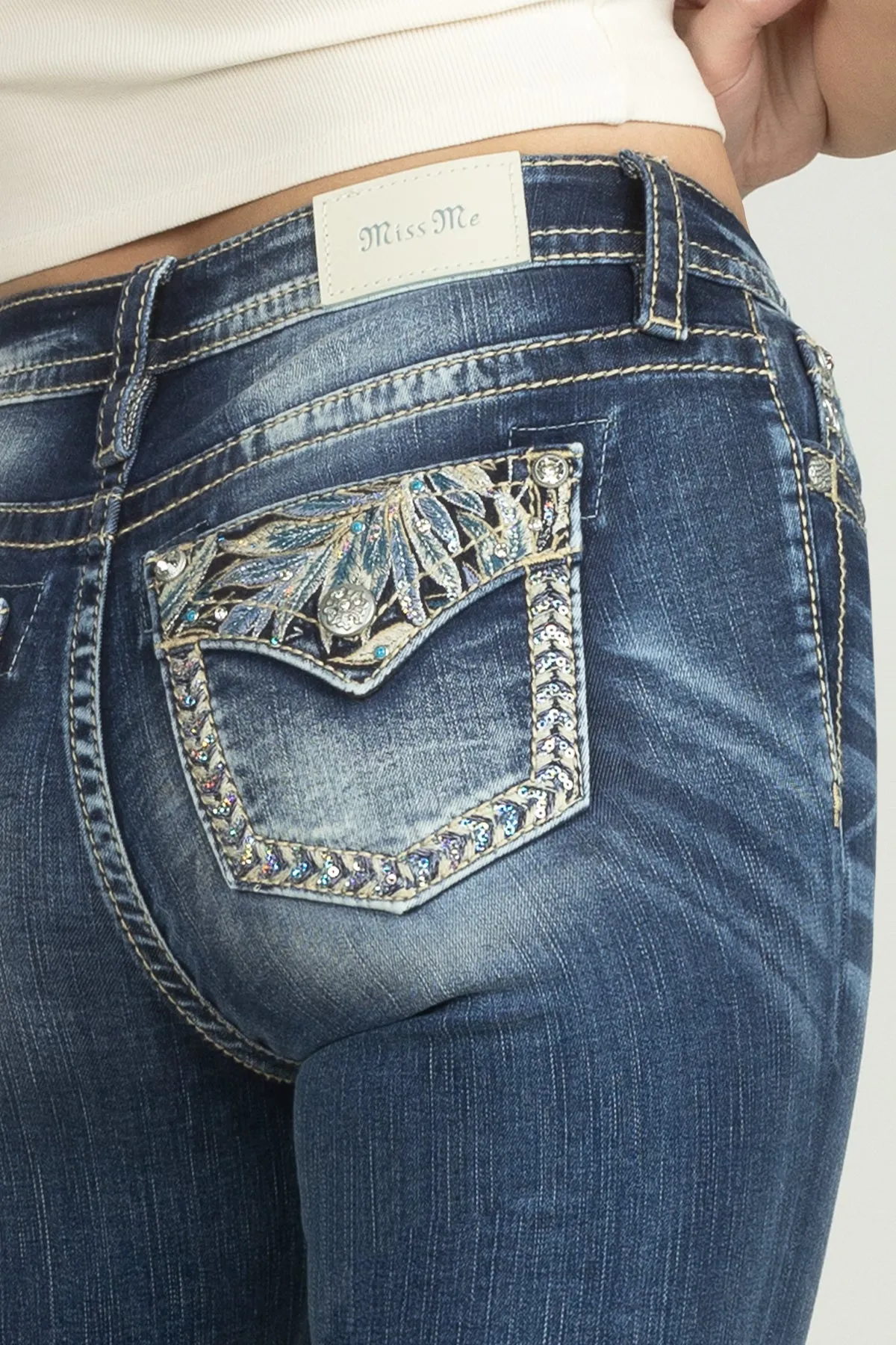 Turquoise Blue Feathers Bootcut Denim
