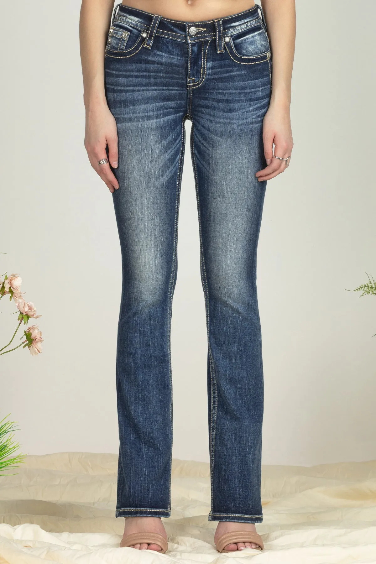 Turquoise Blue Feathers Bootcut Denim
