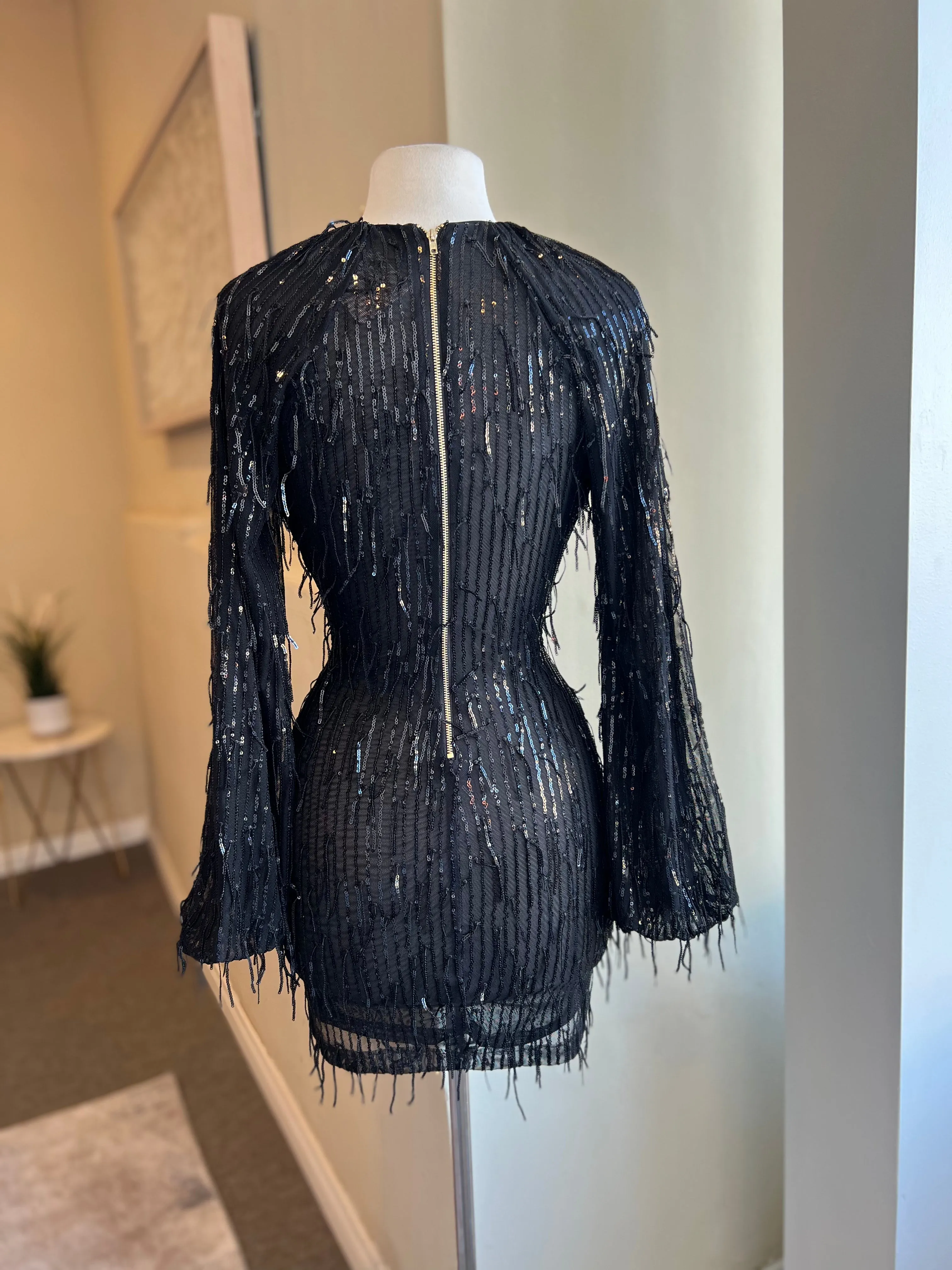 V Cut Balloon Sequin Dress