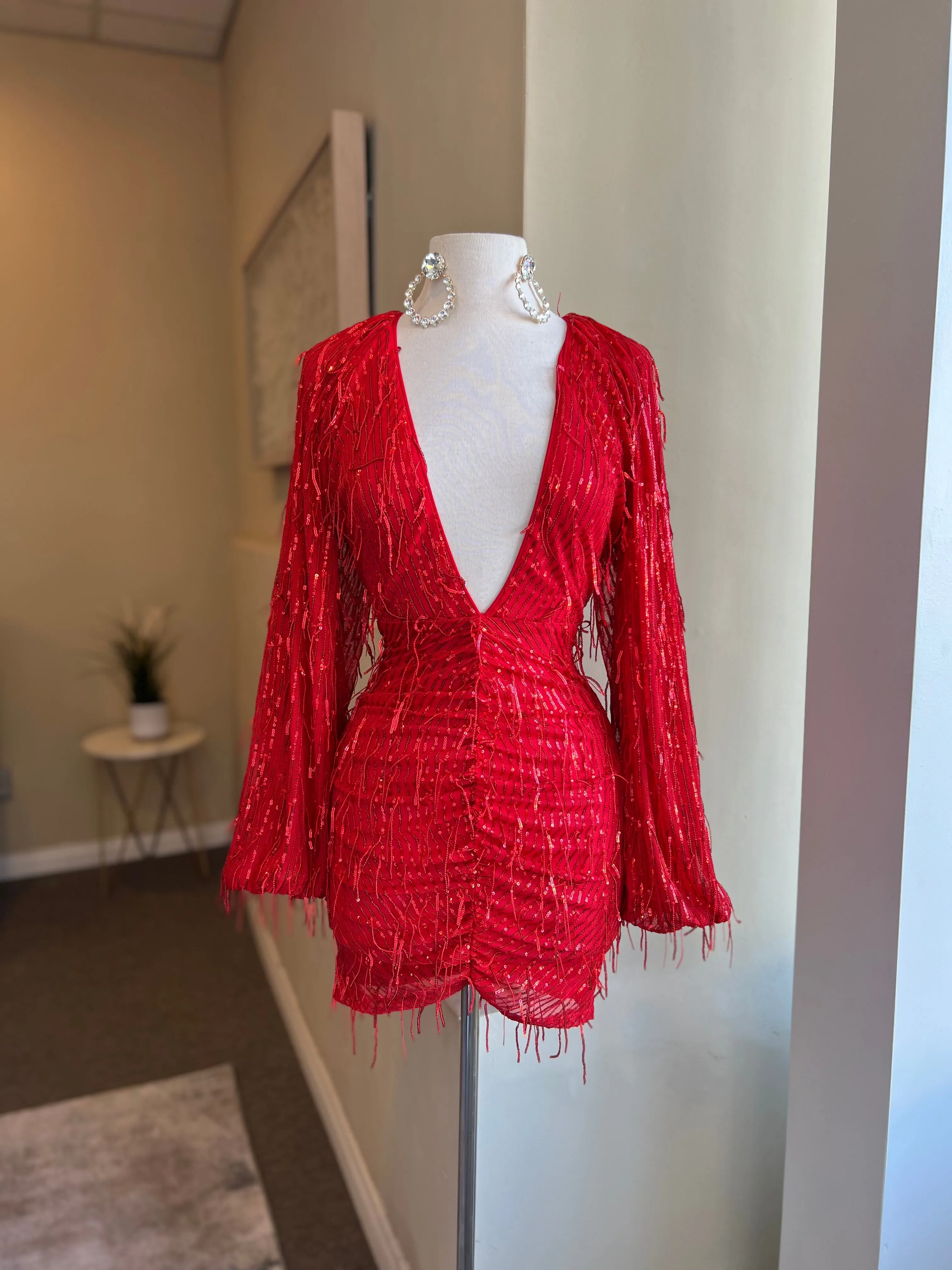 V Cut Balloon Sequin Dress
