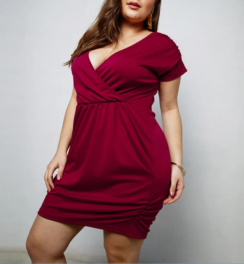 V-neck Solid Color Large Size Dress