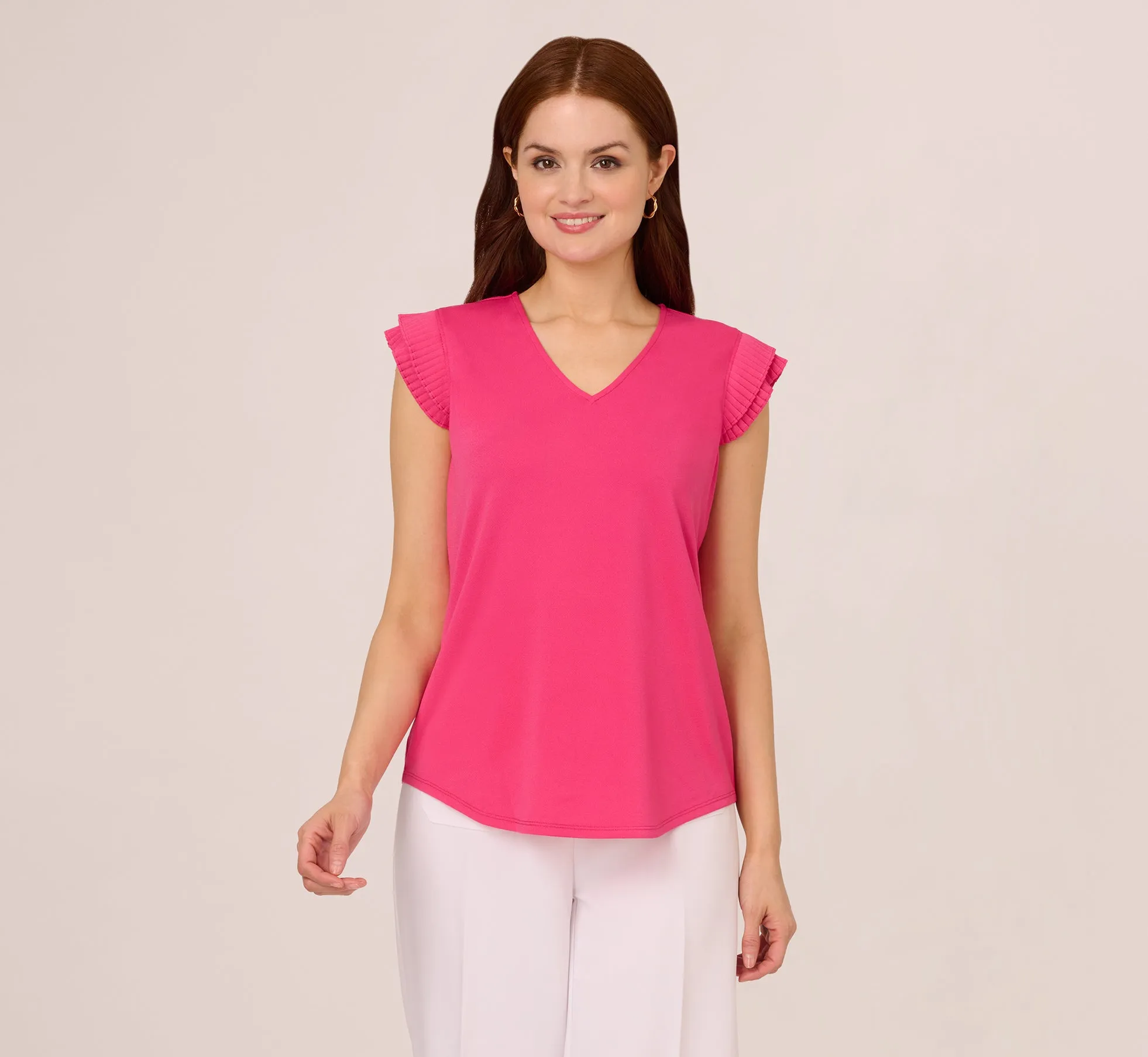 V-Neck Top With Pleated Flutter Sleeves In Fuchsia Fedora