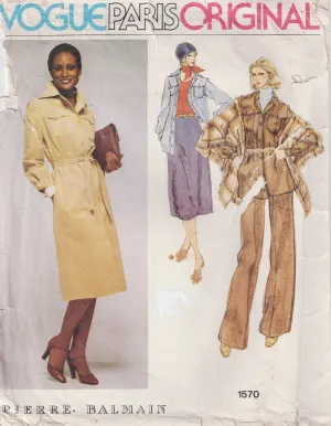 Vogue Paris Original 1570 PIERRE BALMAIN Womens Safari Style Shirtdress Top Skirt Shawl & Pants 1970s Vintage Sewing Pattern Size 14 Bust 36 inches
