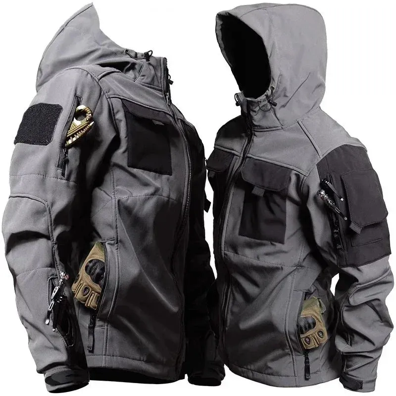 Waterproof Soft Shell Jackets Men Outdoor Shark Skin Multi-pocket Hooded Jacket Autumn Winter Wear-resistant Training Cargo Coat