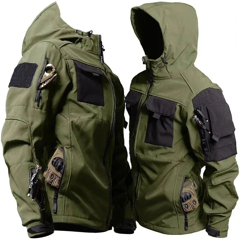 Waterproof Soft Shell Jackets Men Outdoor Shark Skin Multi-pocket Hooded Jacket Autumn Winter Wear-resistant Training Cargo Coat