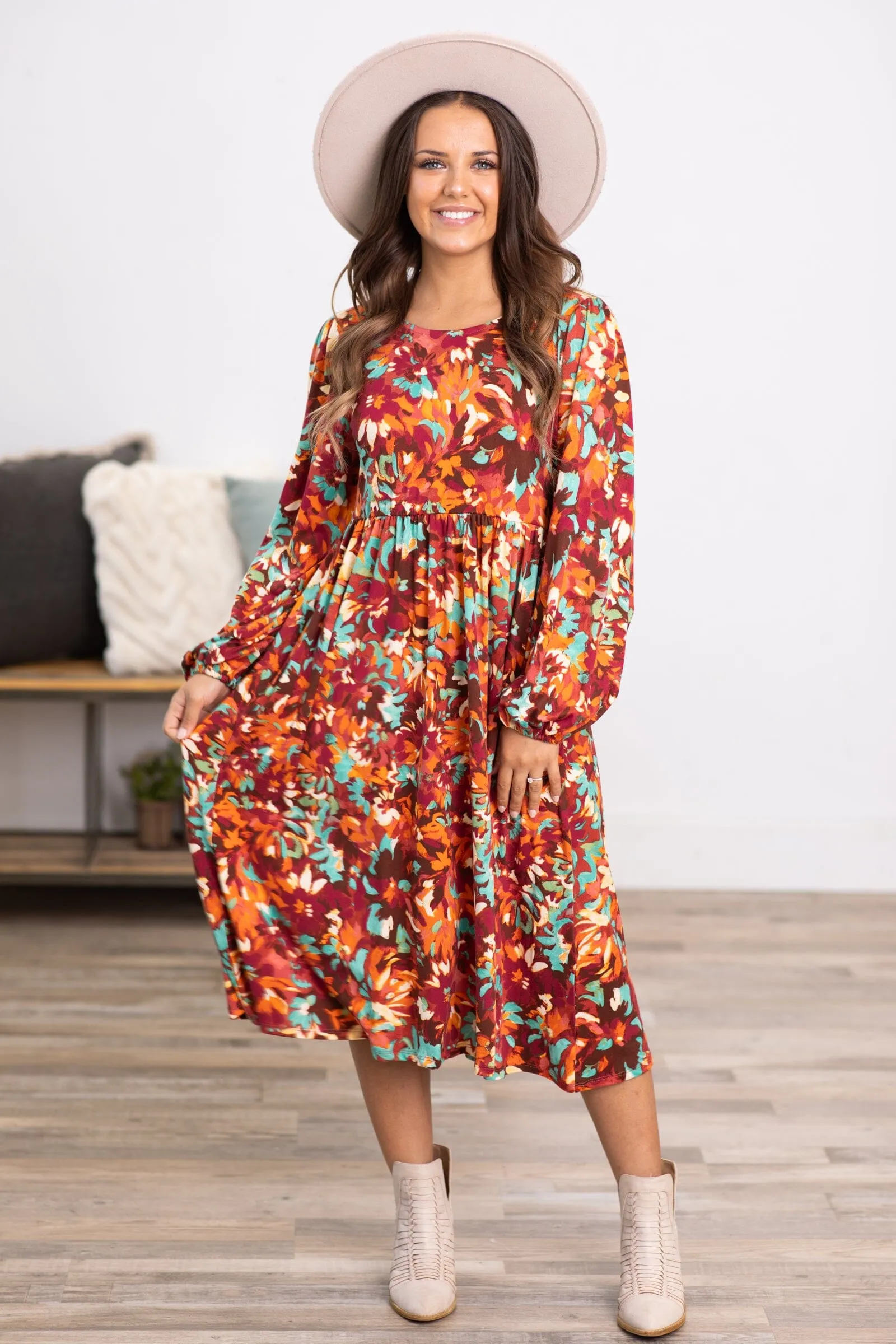 Wine and Turquoise Floral Print Midi Dress