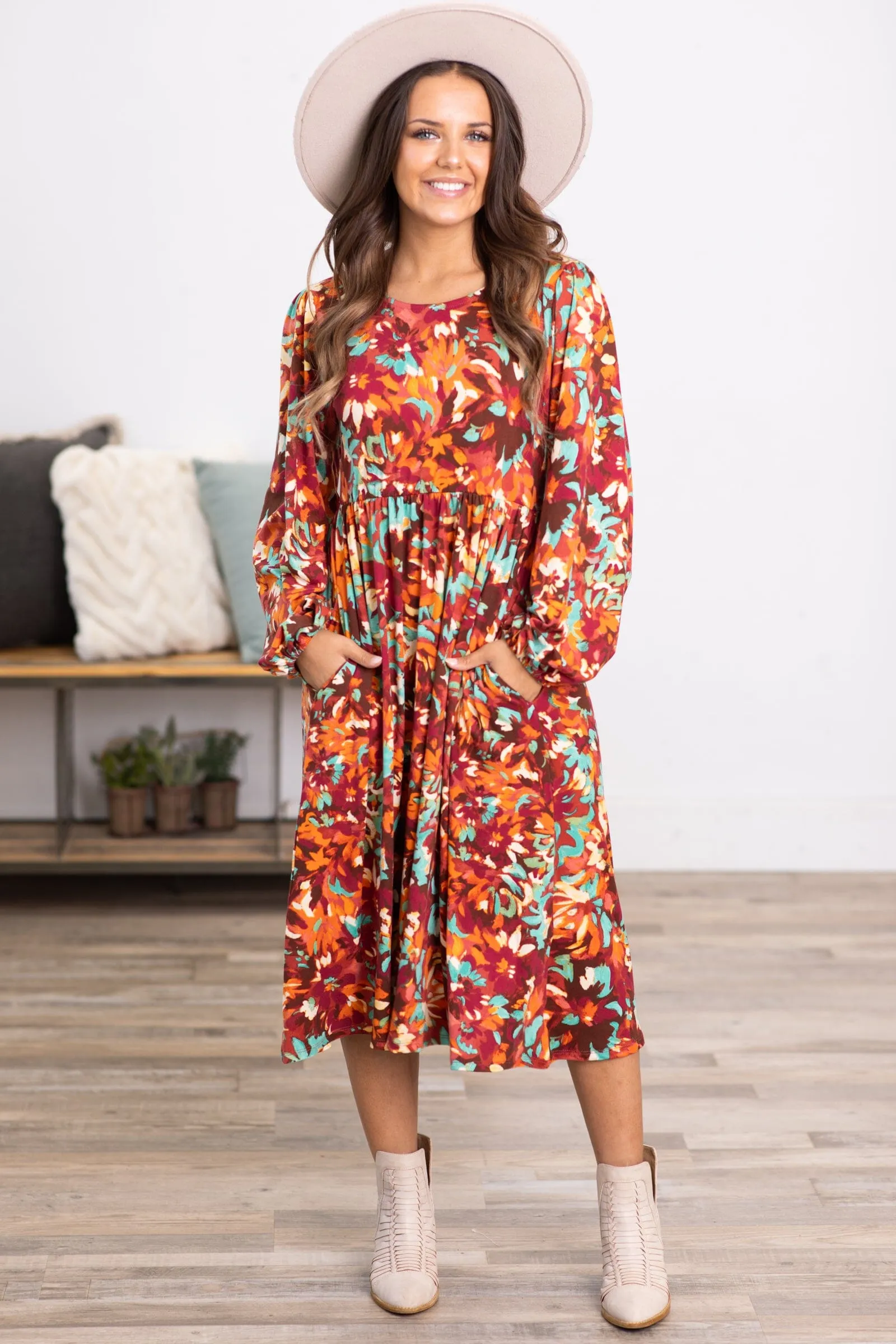 Wine and Turquoise Floral Print Midi Dress