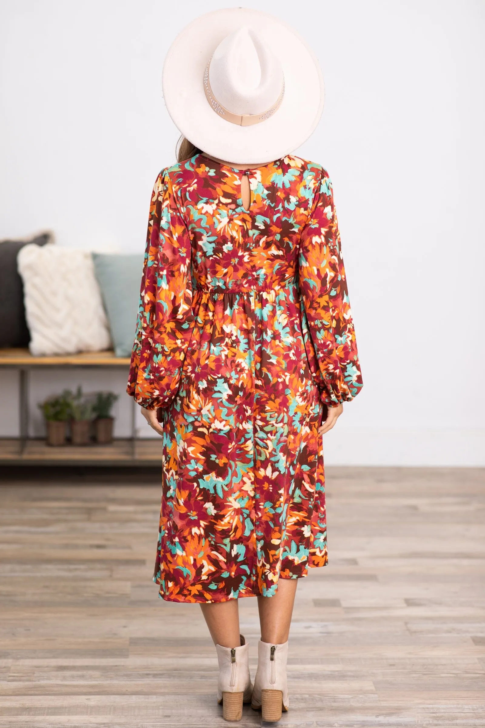 Wine and Turquoise Floral Print Midi Dress