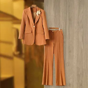 Women Caramel Pantsuit Fitted Blazer   Mid-High Rise Trousers Pantsuit Suit Formal Wear