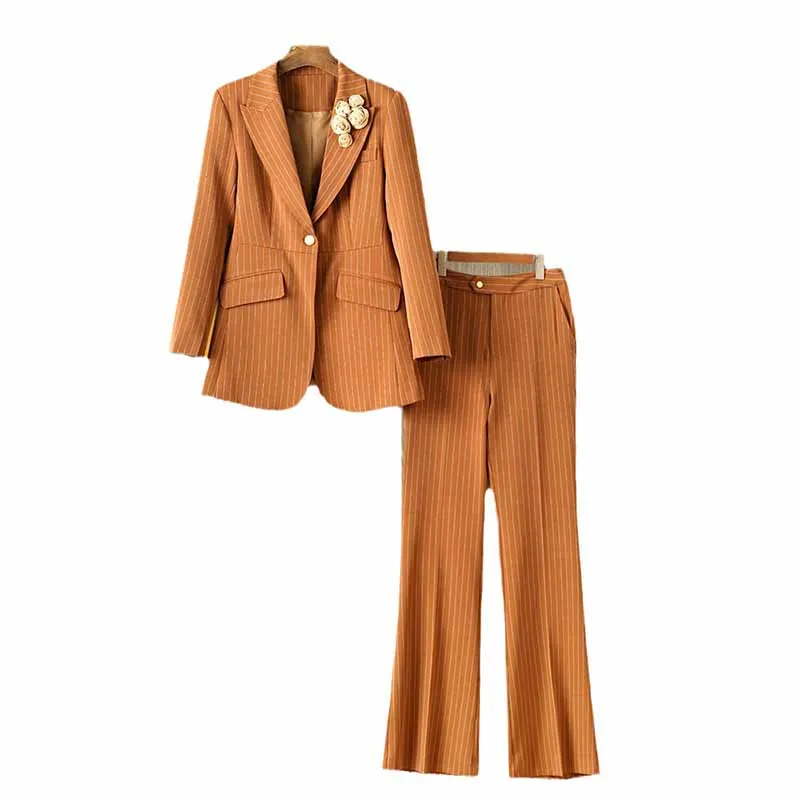 Women Caramel Pantsuit Fitted Blazer   Mid-High Rise Trousers Pantsuit Suit Formal Wear