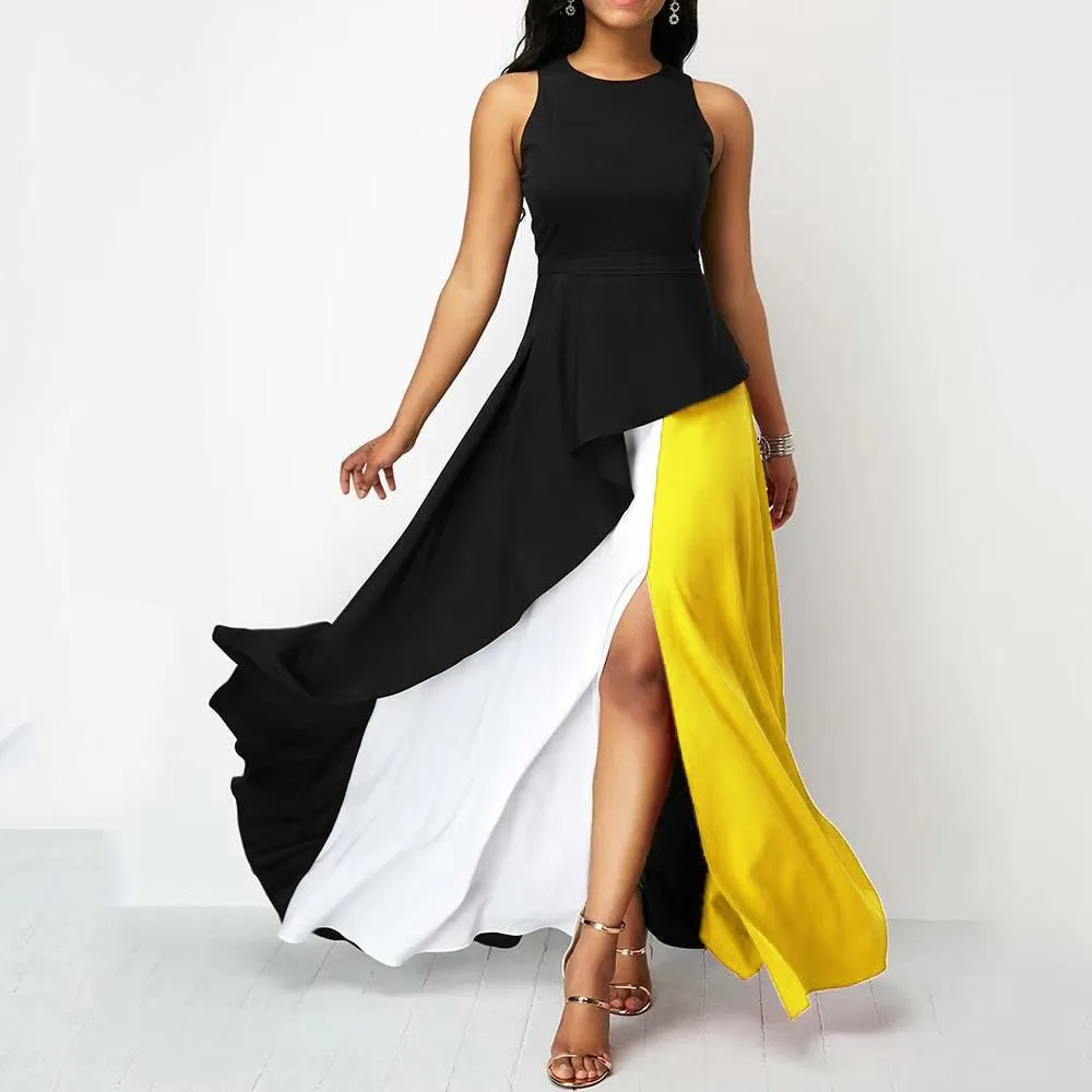 Women Contrast Ruffled Long Dresses