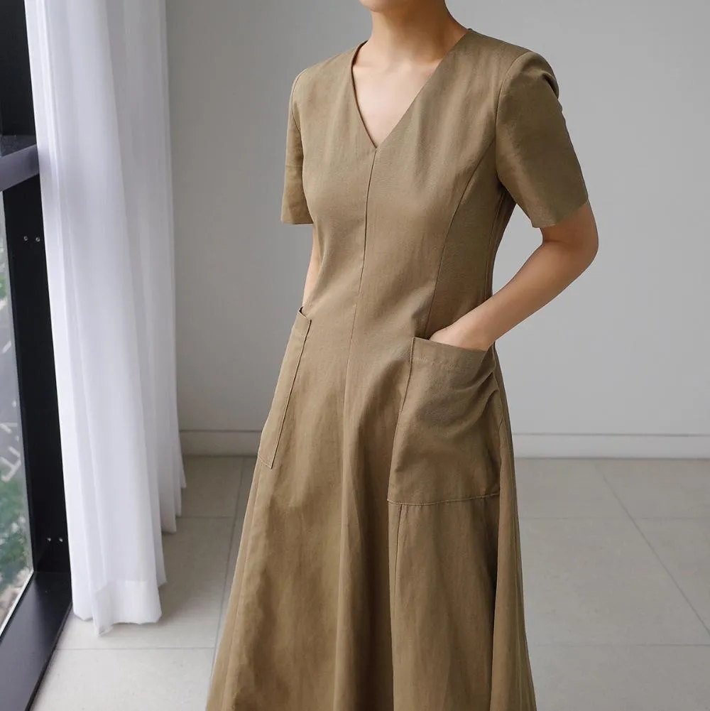 Women Short Sleeves Pocket V Neck Long Maxi Dresses
