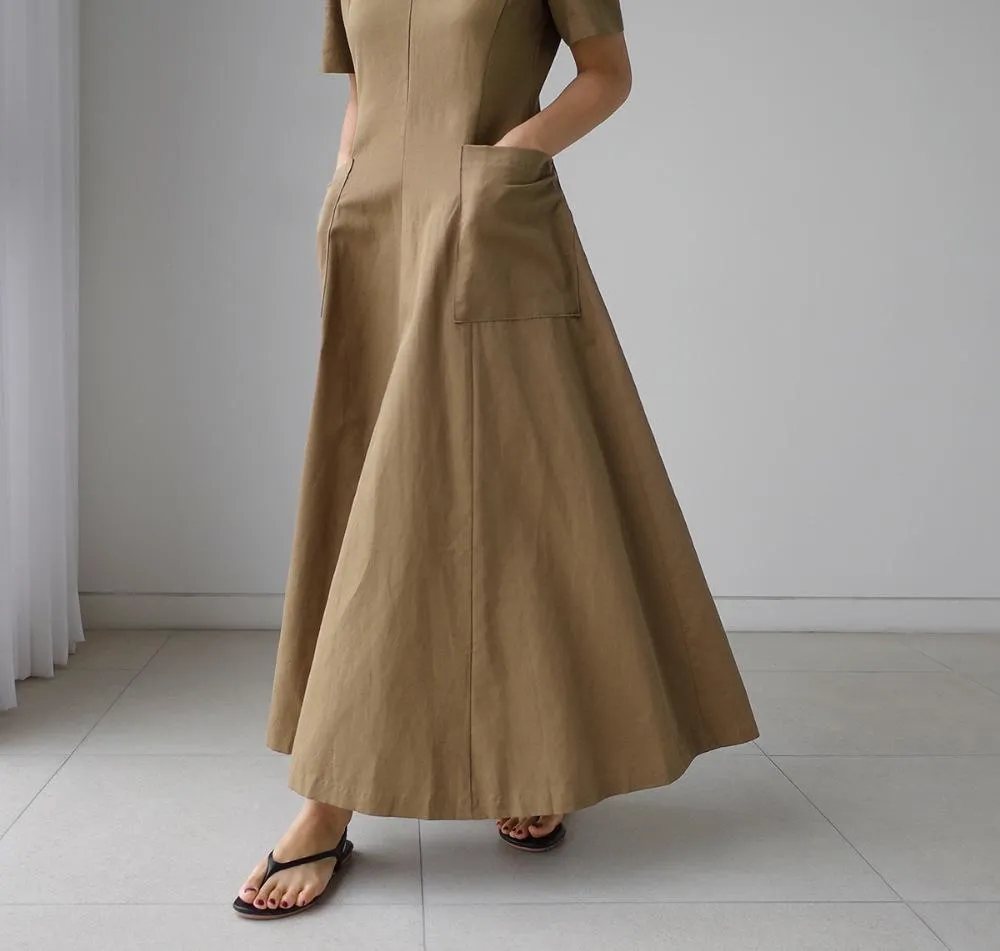 Women Short Sleeves Pocket V Neck Long Maxi Dresses