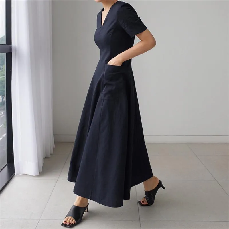Women Short Sleeves Pocket V Neck Long Maxi Dresses