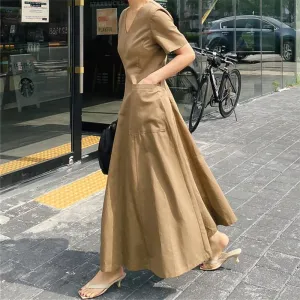 Women Short Sleeves Pocket V Neck Long Maxi Dresses