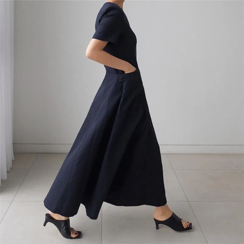 Women Short Sleeves Pocket V Neck Long Maxi Dresses