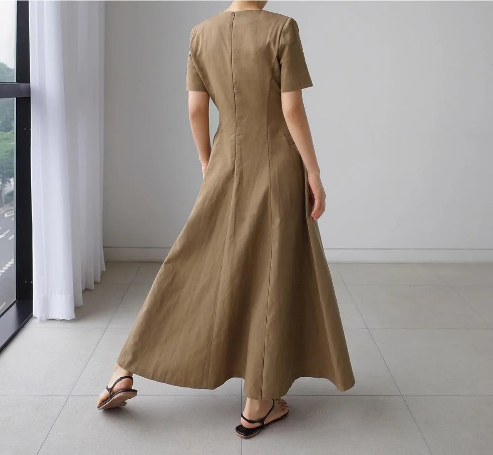 Women Short Sleeves Pocket V Neck Long Maxi Dresses